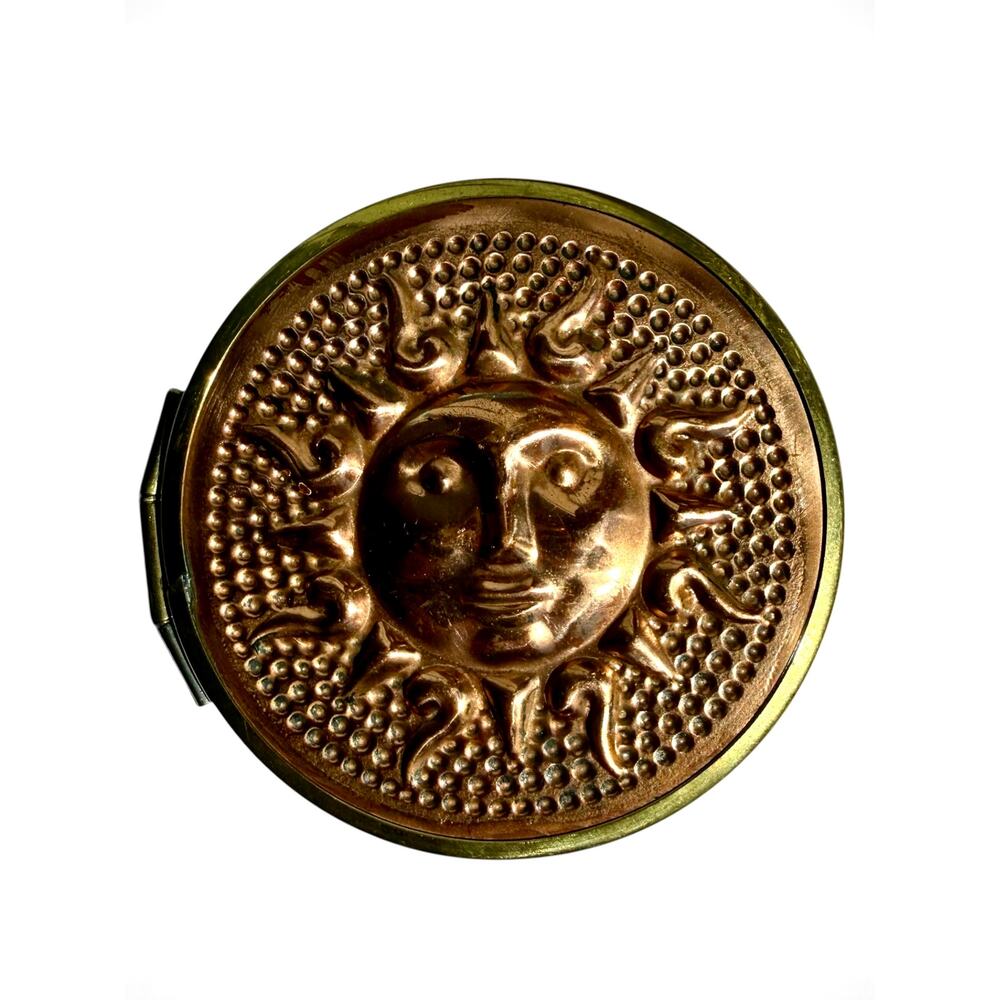 Vintage Copper Sun Face Compact Mid Century Celestial Boho Vanity Mirror Cosmic